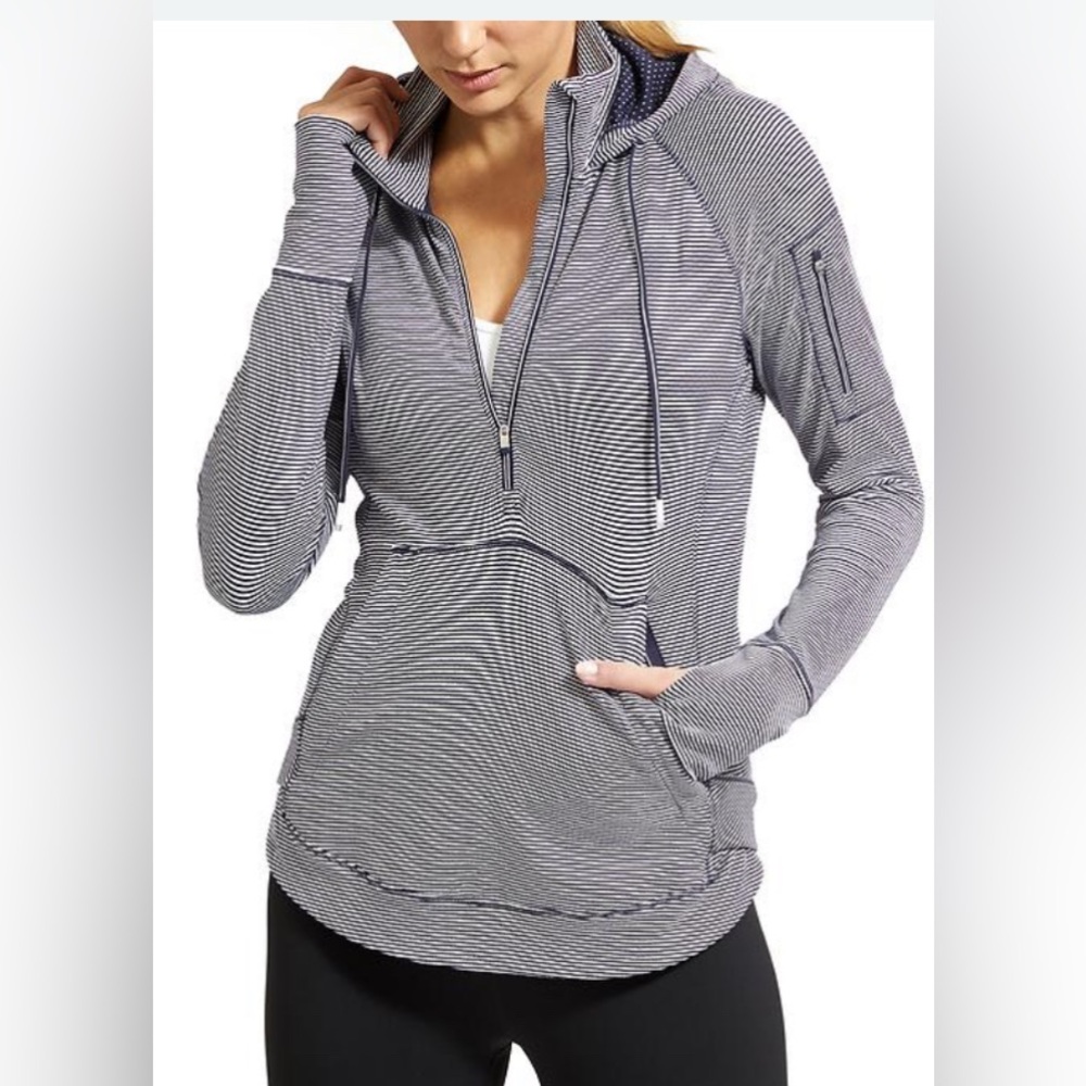Athleta Henvenly Heights Half Zip Hoodie in Navy/Bright White Stripe